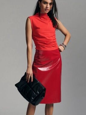 Maeve Anthropologie Mock Neck Ruched Tank Top Medium Red